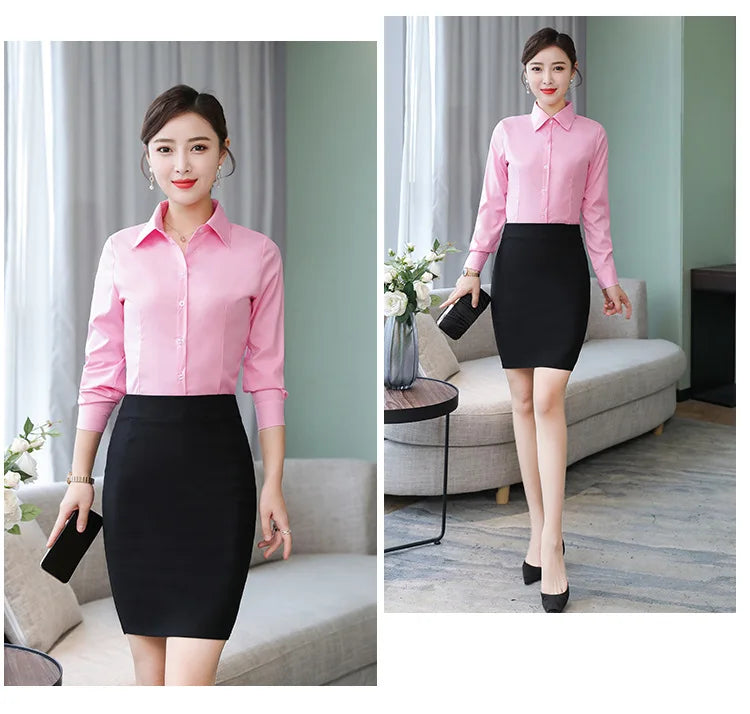 เสื้อเชิ้ตผู้หญิงแขนยาว ผ้าโพลีเอสเตอร์ผสมคอตตอน