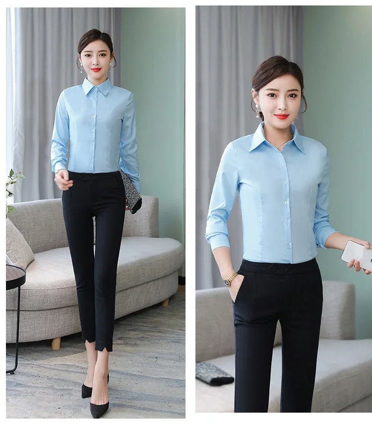 เสื้อเชิ้ตผู้หญิงแขนยาว ผ้าโพลีเอสเตอร์ผสมคอตตอน