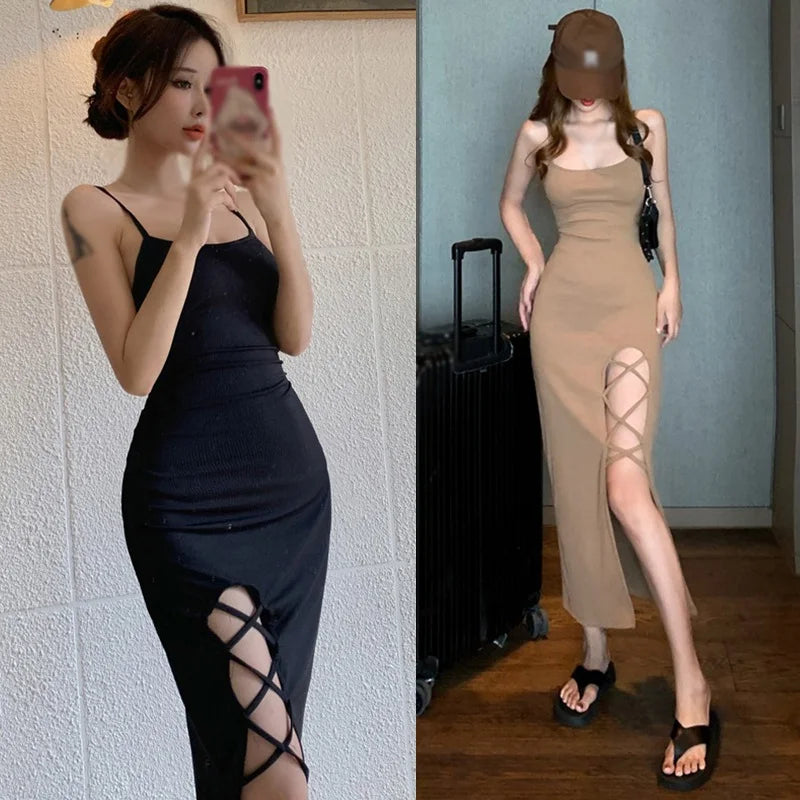 ชุดเดรสเข้ารูปทรงฝรั่งเศส สายเดี่ยวผ่าเฉียง
