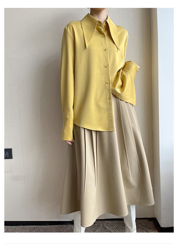 เสื้อเชิ้ตสีขาวคอปกแหลมขนาดใหญ่สำหรับผู้หญิง สไตล์วินเทจ ทรงหลวม แขนยาว