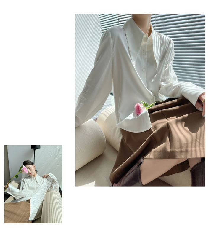 เสื้อเชิ้ตสีขาวคอปกแหลมขนาดใหญ่สำหรับผู้หญิง สไตล์วินเทจ ทรงหลวม แขนยาว