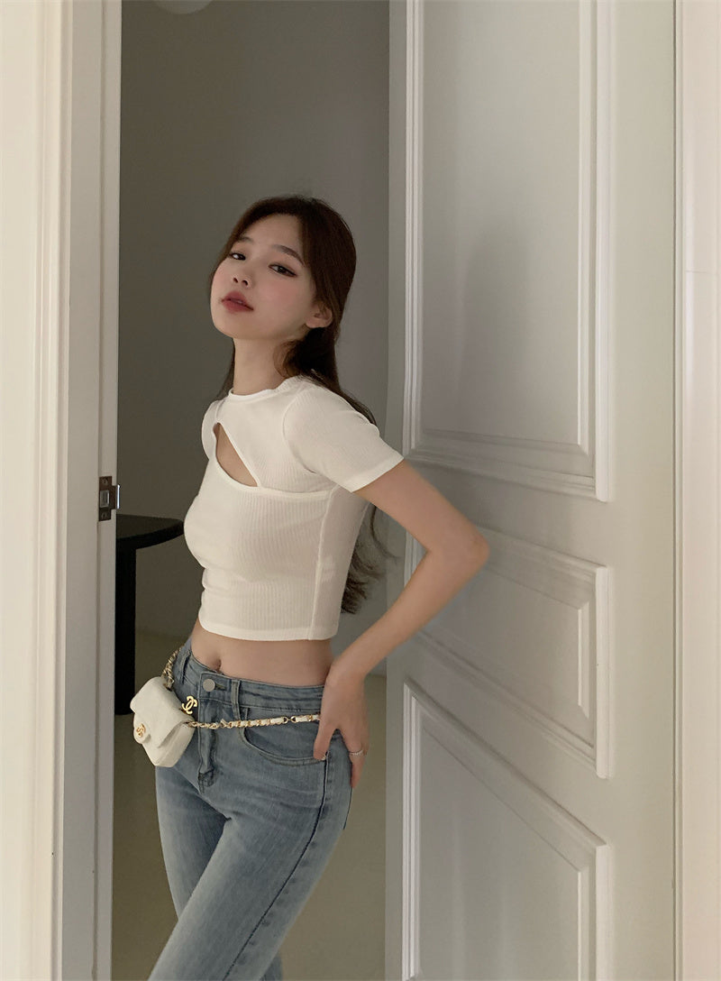 เสื้อยืดผู้หญิงฤดูร้อน ลายฉลุ คอกลม ทรงครอป ทรงไม่สมมาตร รัดรูป แขนสั้น