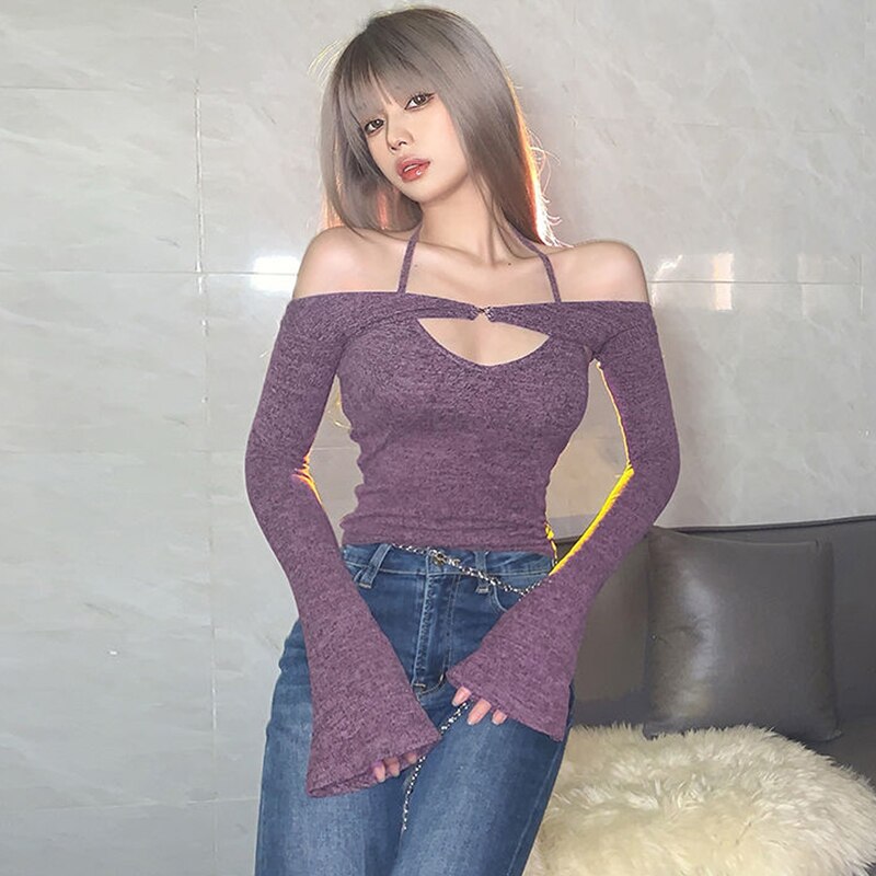 เสื้อยืดคล้องคอแบบไร้สายสำหรับผู้หญิง สไตล์หวานเซ็กซี่ เปิดไหล่ เสื้อท่อนบนแบบสองชิ้นสำหรับผู้หญิงหุ่นเพรียว