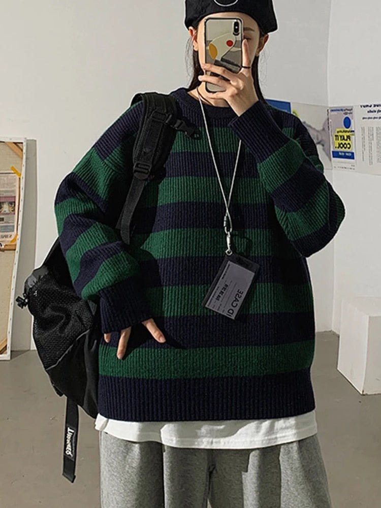เสื้อสเวตเตอร์ไหมพรมลายทางสำหรับฤดูใบไม้ร่วงและฤดูหนาว เสื้อสวมหัวทรงโอเวอร์ไซส์สไตล์ลำลอง