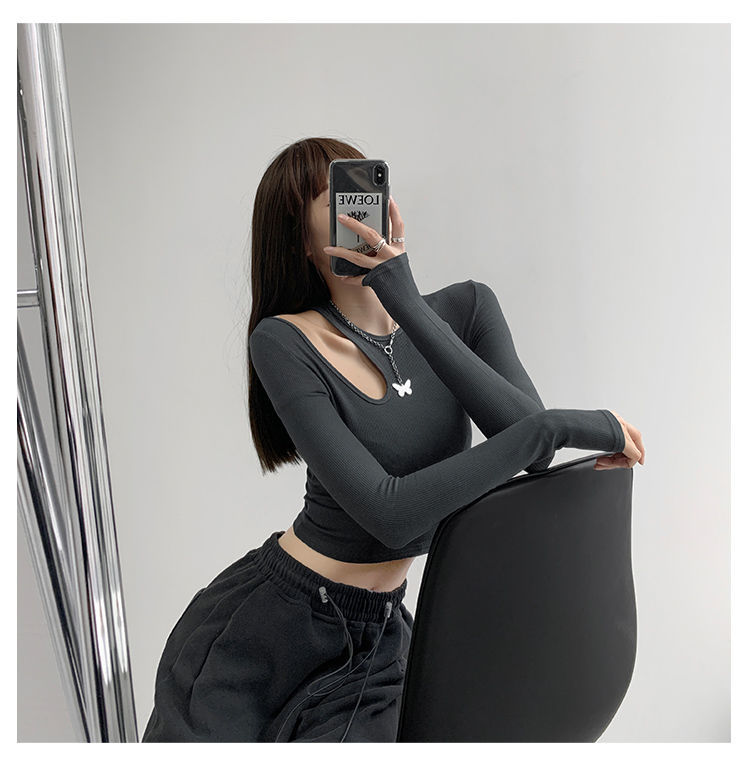 เสื้อยืดผู้หญิงแฟชั่นซีทรูทรงสลิมสไตล์ Y2K เสื้อครอปออฟชูล์ดแขนยาวสำหรับผู้หญิง