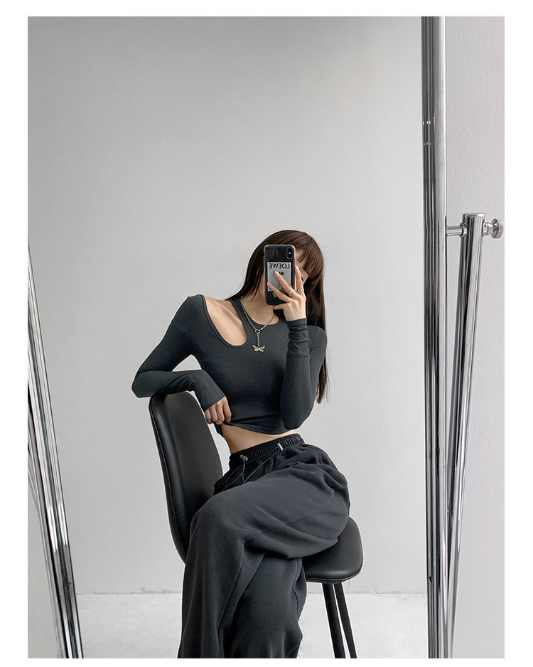 เสื้อยืดผู้หญิงแฟชั่นซีทรูทรงสลิมสไตล์ Y2K เสื้อครอปออฟชูล์ดแขนยาวสำหรับผู้หญิง