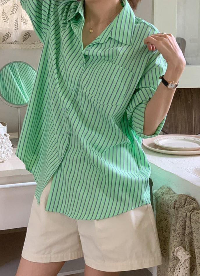 เสื้อเบลาส์ลายทางสำหรับฤดูใบไม้ผลิและฤดูใบไม้ร่วง แขนยาว กระดุมแถวเดียว มีกระเป๋า เสื้อท่อนบนสำหรับผู้หญิง