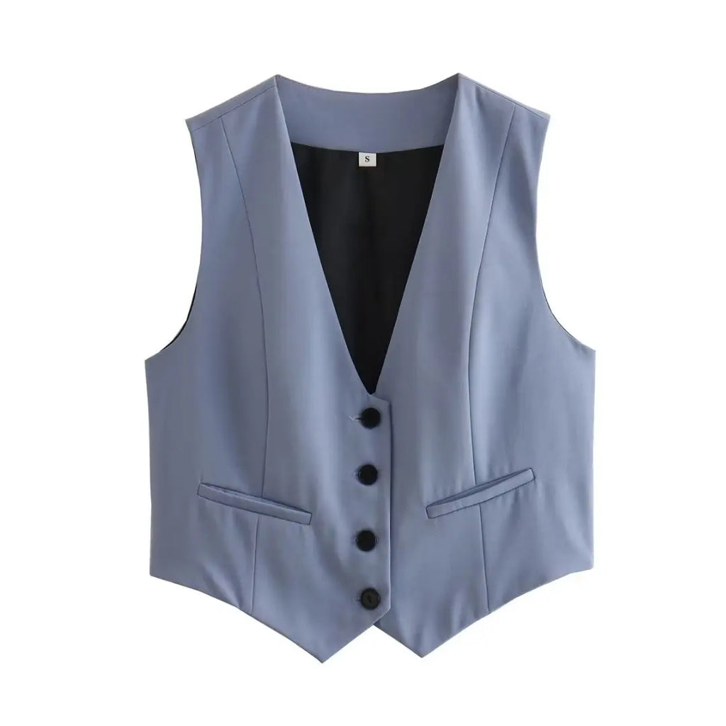 เสื้อกั๊กคลุมสตรีคอวีแขนกุดสไตล์วินเทจสีขาวสุดเก๋