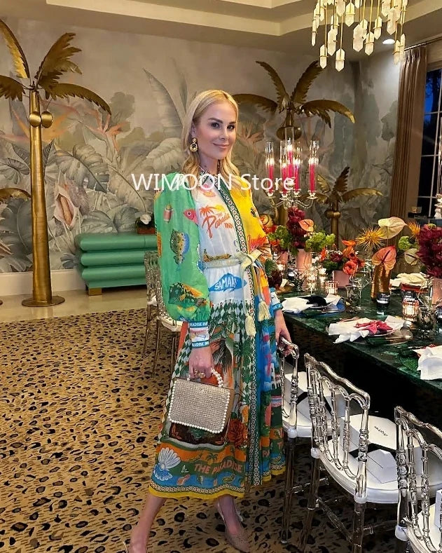ชุดเดรสยาวสำหรับใส่ไปทะเล สายสปาเก็ตตี้ ลายพิมพ์ เปิดหลัง ไร้แขน ปรับเชือกรูด