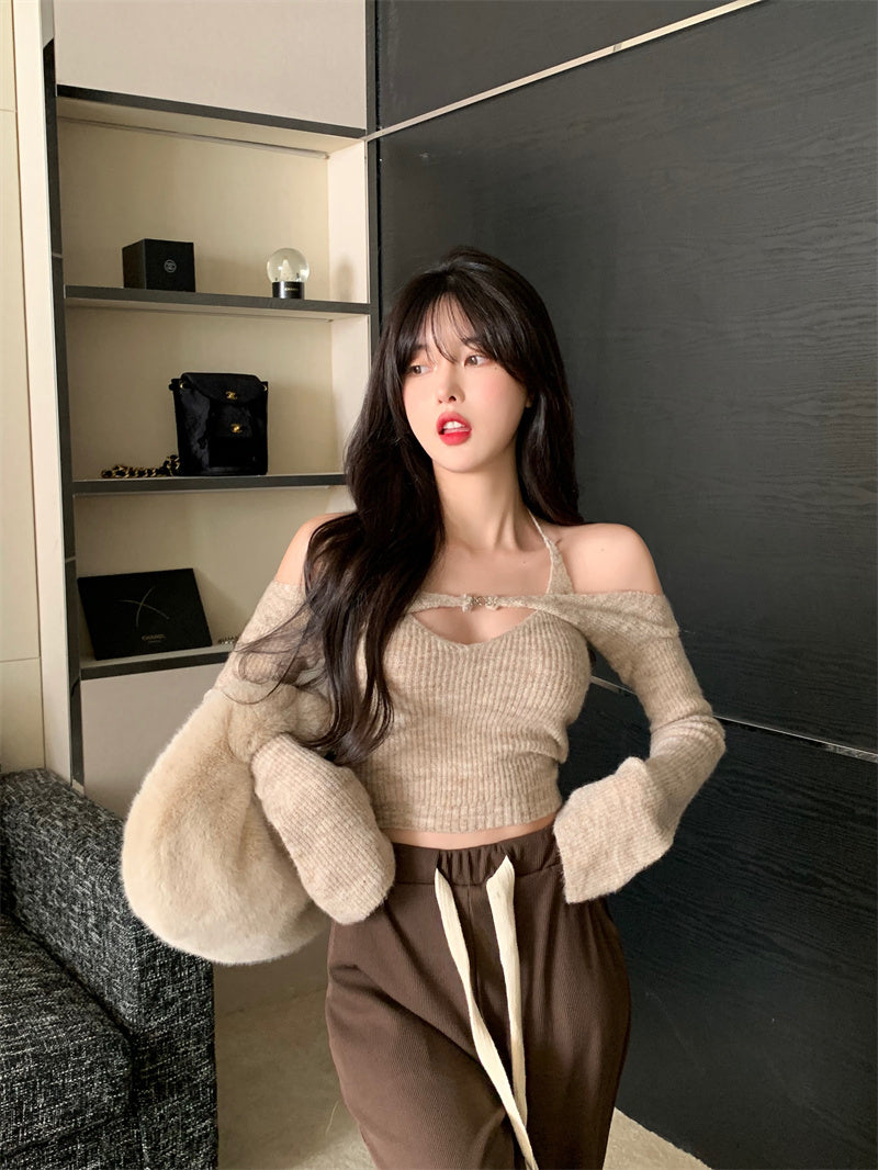 เสื้อเปิดไหล่ผู้หญิง เสื้อคอเว้าเข้ารูป คอคล้องคอ เสื้อไหมพรม y2k ฤดูร้อน 2022