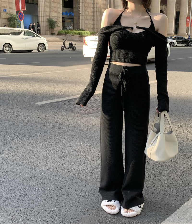 เสื้อเปิดไหล่ผู้หญิง เสื้อคอเว้าเข้ารูป คอคล้องคอ เสื้อไหมพรม y2k ฤดูร้อน 2022