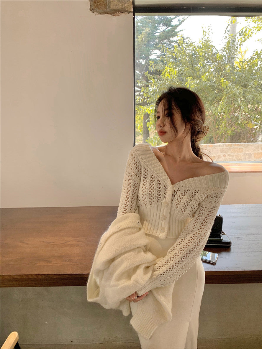เสื้อคาร์ดิแกนไหมพรมผู้หญิง เสื้อคลุมคอวีแบบโปร่งระบายอากาศ กระดุมหน้า แจ็กเก็ตไหมพรม