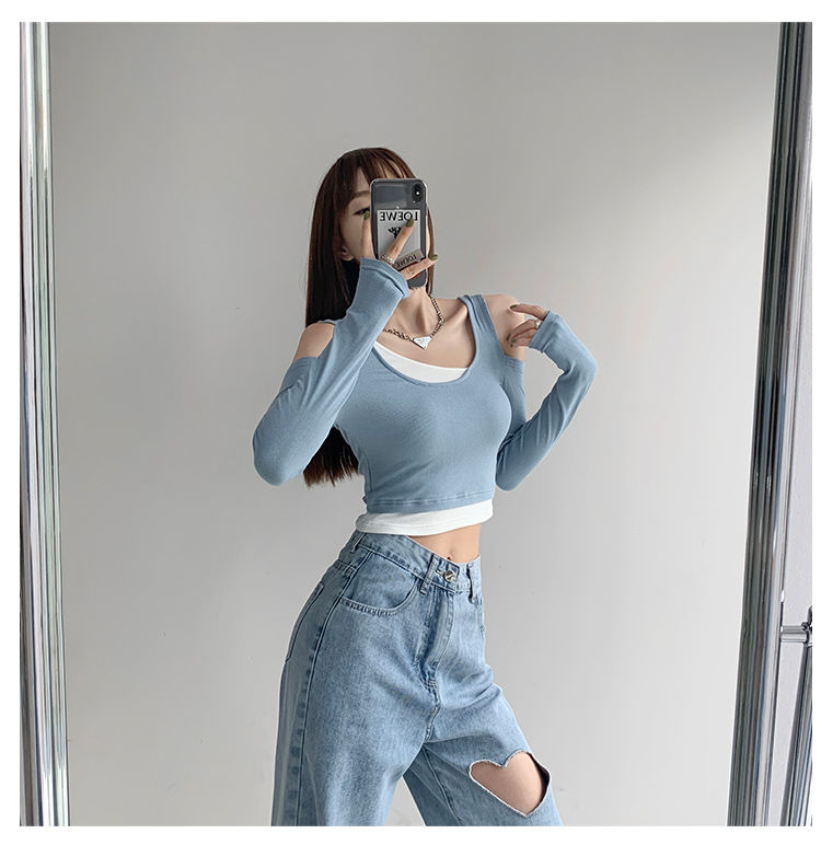 เสื้อยืดผู้หญิงลายต่อผ้า ดีไซน์เหมือนเสื้อสองชิ้น ตัวสลิม แขนยาว คาร์อปสไตล์ Y2K สำหรับผู้หญิง
