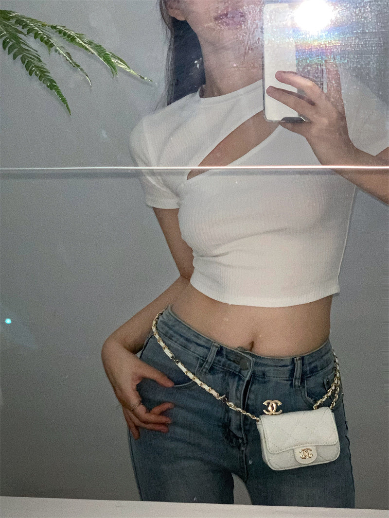 เสื้อยืดผู้หญิงฤดูร้อน ลายฉลุ คอกลม ทรงครอป ทรงไม่สมมาตร รัดรูป แขนสั้น