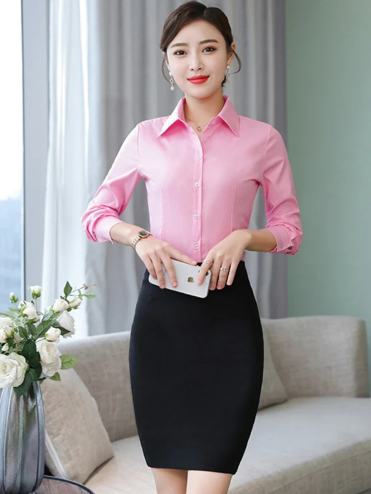 เสื้อเชิ้ตผู้หญิงแขนยาว ผ้าโพลีเอสเตอร์ผสมคอตตอน