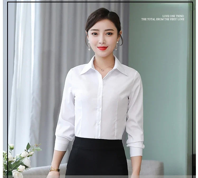 เสื้อเชิ้ตผู้หญิงแขนยาว ผ้าโพลีเอสเตอร์ผสมคอตตอน