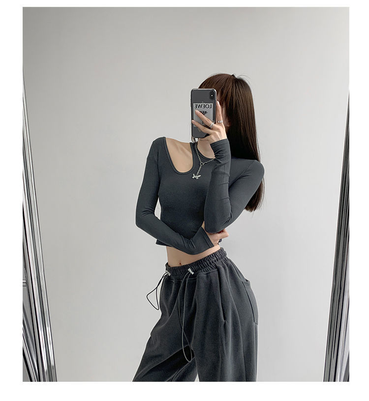 เสื้อยืดผู้หญิงแฟชั่นซีทรูทรงสลิมสไตล์ Y2K เสื้อครอปออฟชูล์ดแขนยาวสำหรับผู้หญิง