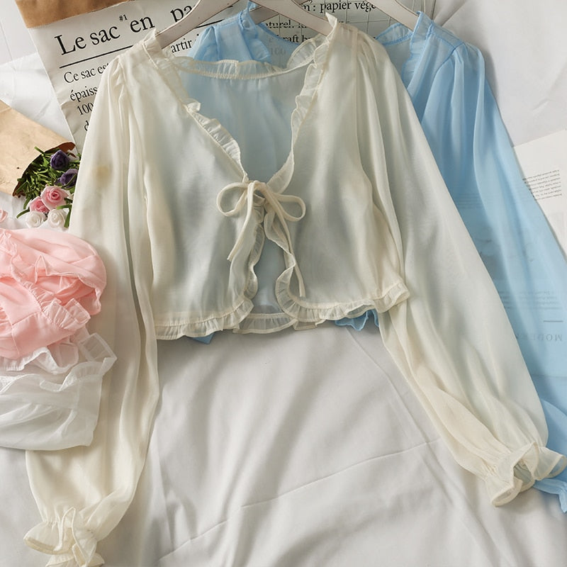เสื้อคาร์ดิแกนผู้หญิงแขนสั้นผ้าลูกไม้เนื้อบาง ผูกโบว์ กันแดดฤดูร้อน เสื้อคลุมลำลอง