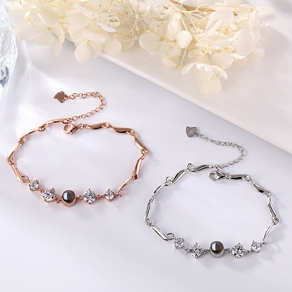 เครื่องประดับสร้อยข้อมือโปรเจกเตอร์รูปภาพสั่งทำพิเศษ สีเงิน/โรสโกลด์