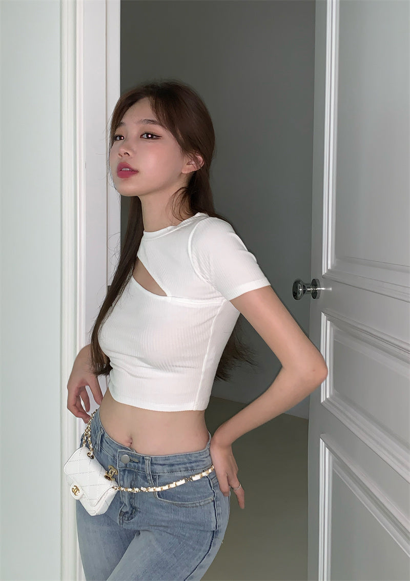 เสื้อยืดผู้หญิงฤดูร้อน ลายฉลุ คอกลม ทรงครอป ทรงไม่สมมาตร รัดรูป แขนสั้น