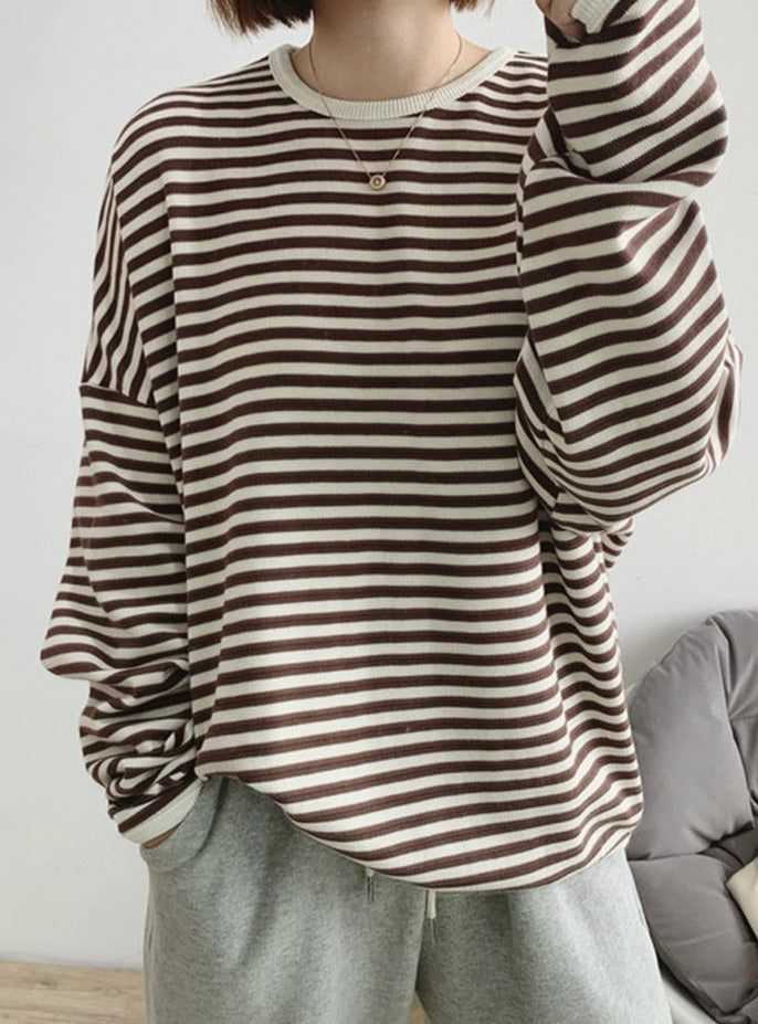 เสื้อสเวตเตอร์ผู้หญิงลายทาง ผ้าฝ้ายถัก เสื้อแขนยาวทรงหลวมสำหรับผู้หญิง