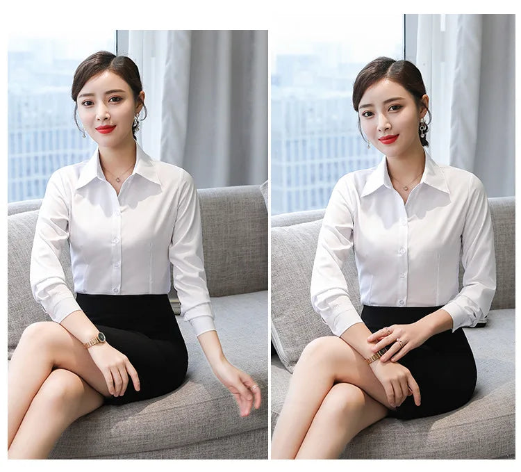 เสื้อเชิ้ตผู้หญิงแขนยาว ผ้าโพลีเอสเตอร์ผสมคอตตอน