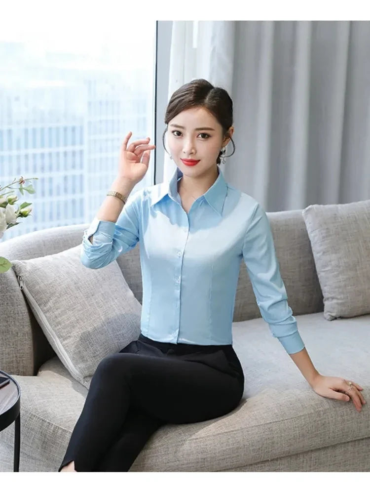 เสื้อเชิ้ตผู้หญิงแขนยาว ผ้าโพลีเอสเตอร์ผสมคอตตอน