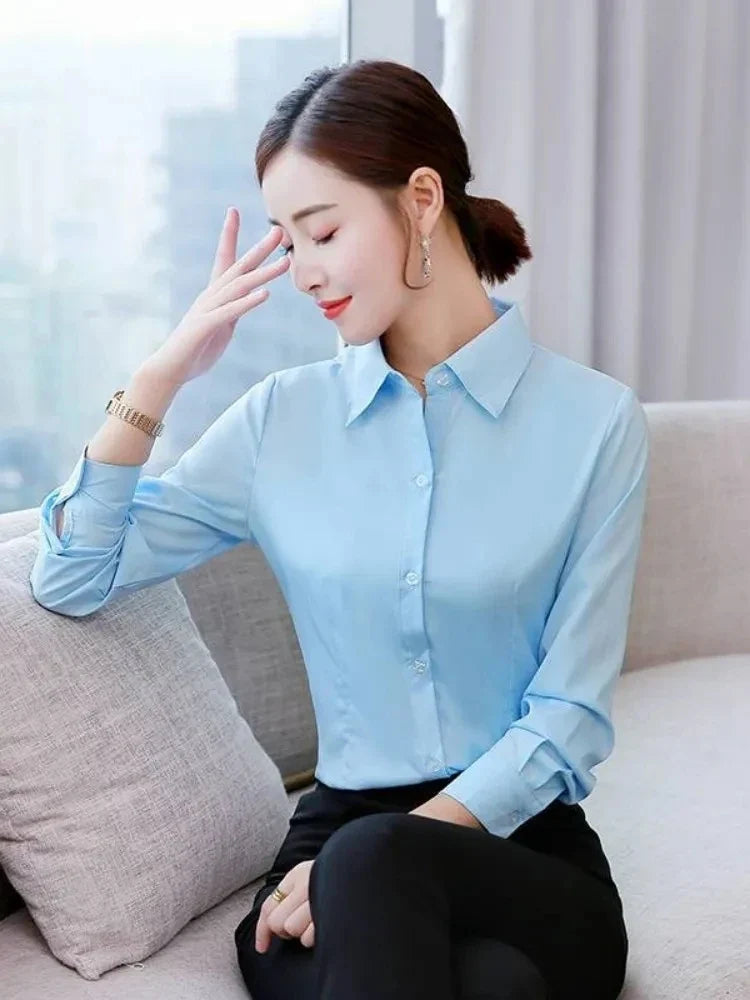 เสื้อเชิ้ตผู้หญิงแขนยาว ผ้าโพลีเอสเตอร์ผสมคอตตอน