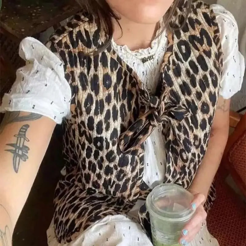 เสื้อกั๊กแฟชั่นลายเสือดาว คอวี ประดับโบว์ สำหรับฤดูใบไม้ผลิ/ฤดูร้อน