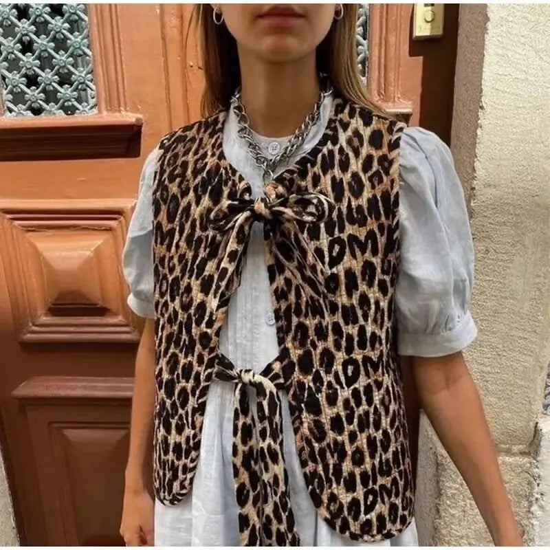 เสื้อกั๊กแฟชั่นลายเสือดาว คอวี ประดับโบว์ สำหรับฤดูใบไม้ผลิ/ฤดูร้อน