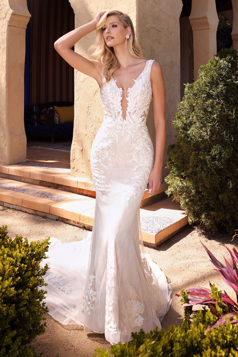 Avery Lace Bodice Illusion V-Neck Long Wedding Dress CDA1072W-2