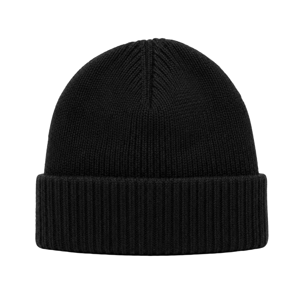 A classic black ribbed knit beanie hat, shown from a front-facing perspective on a clean white background.
