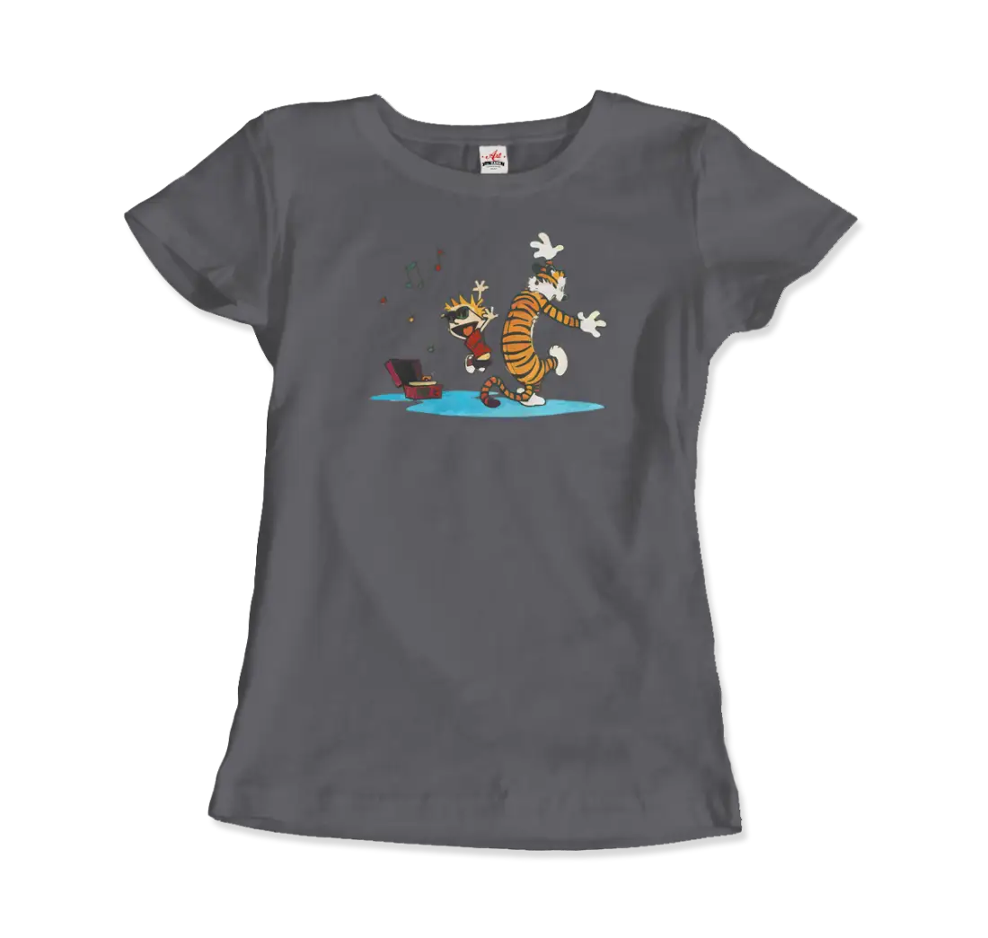 Calvin and Hobbes Dancing with Record Player t-shirt