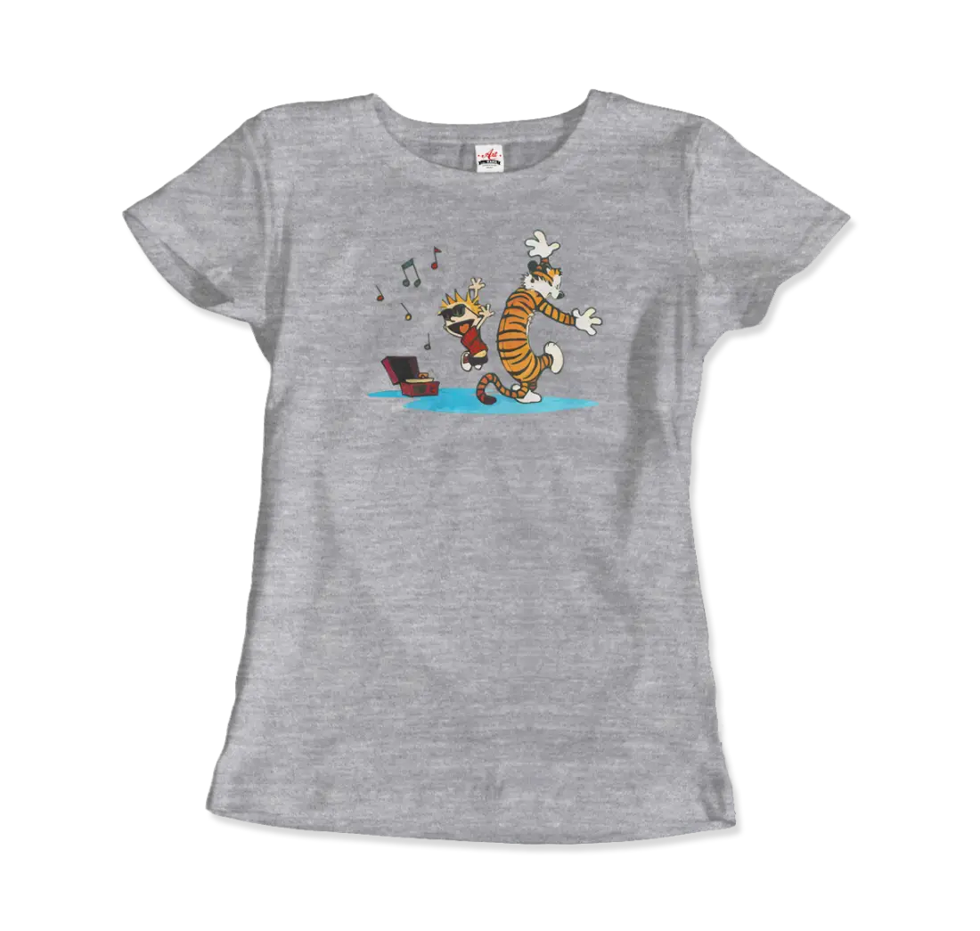 Calvin and Hobbes Dancing with Record Player t-shirt