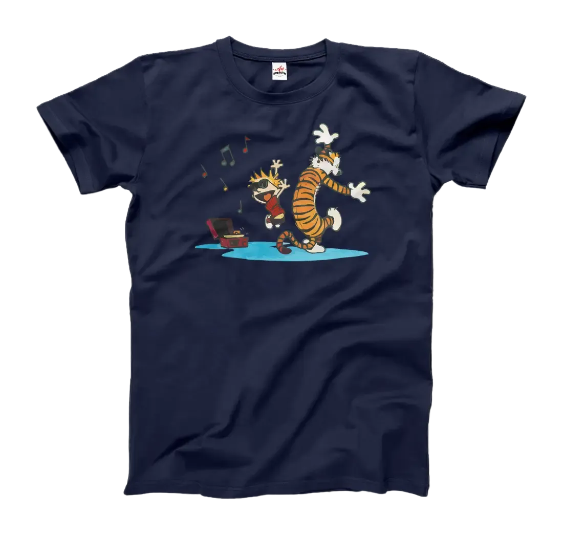 Calvin and Hobbes Dancing with Record Player t-shirt