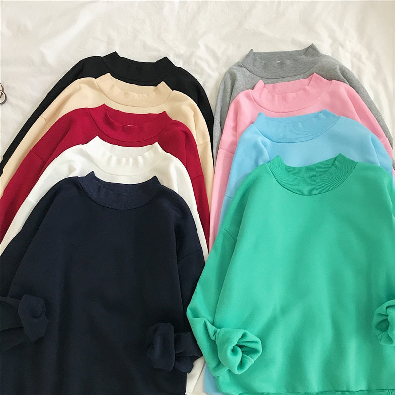 เสื้อฮู้ดคอกลมผู้หญิง เสื้อสเวตเตอร์แขนยาวสวมหัวสำหรับฤดูหนาวและฤดูใบไม้ร่วง เสื้อวอร์มผู้หญิงสีพื้นทรงหลวม