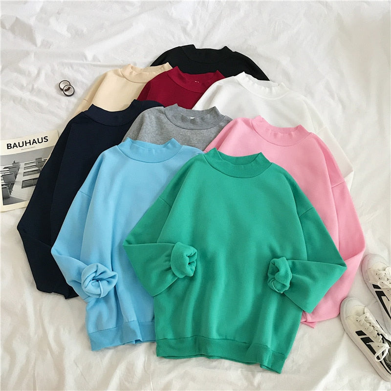เสื้อฮู้ดคอกลมผู้หญิง เสื้อสเวตเตอร์แขนยาวสวมหัวสำหรับฤดูหนาวและฤดูใบไม้ร่วง เสื้อวอร์มผู้หญิงสีพื้นทรงหลวม
