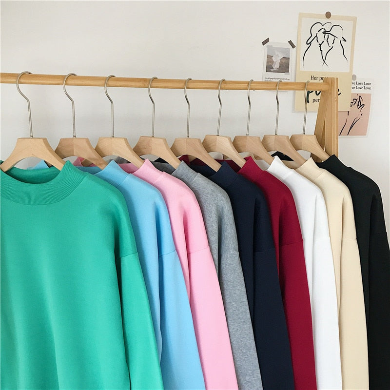 เสื้อฮู้ดคอกลมผู้หญิง เสื้อสเวตเตอร์แขนยาวสวมหัวสำหรับฤดูหนาวและฤดูใบไม้ร่วง เสื้อวอร์มผู้หญิงสีพื้นทรงหลวม