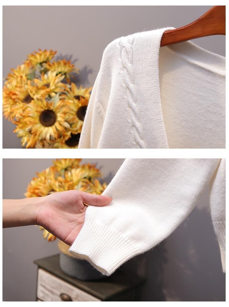 เสื้อสเวตเตอร์คาร์ดิแกนผู้หญิง สำหรับฤดูใบไม้ร่วงและฤดูหนาว คอวี ประดับมุก กระดุมแถวเดียว ทรงหลวม แขนสั้น เนื้อหนา เสื้อท่อนบน