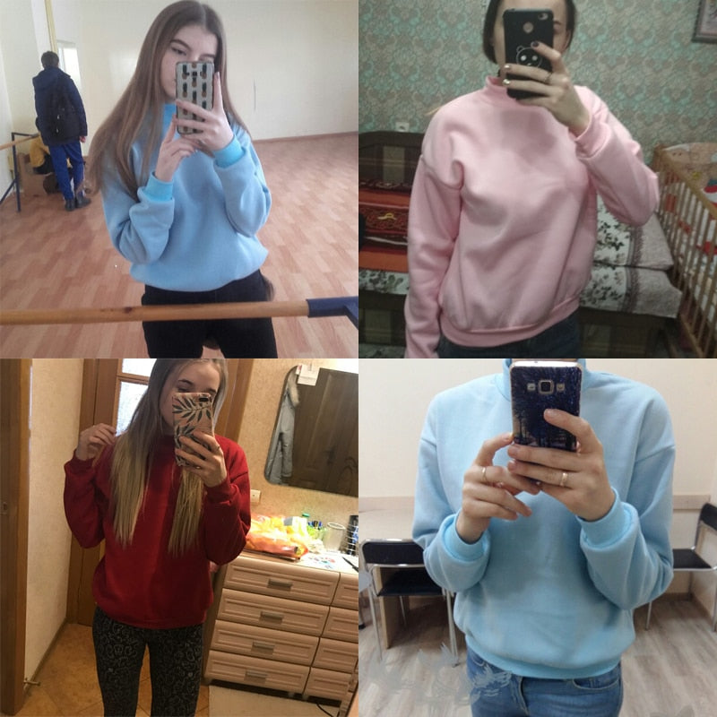 เสื้อฮู้ดคอกลมผู้หญิง เสื้อสเวตเตอร์แขนยาวสวมหัวสำหรับฤดูหนาวและฤดูใบไม้ร่วง เสื้อวอร์มผู้หญิงสีพื้นทรงหลวม