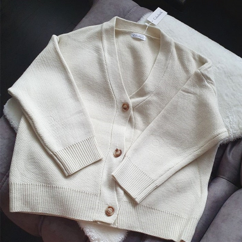 เสื้อสเวตเตอร์ผู้หญิง คาร์ดิแกนกระดุมคอวี คอลเลกชันใหม่ ฤดูหนาว-ฤดูใบไม้ผลิ 2021