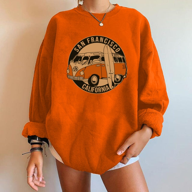 เสื้อสเวตเตอร์ลายรถทรงโอเวอร์ไซส์ คอกลมสำหรับผู้หญิง แขนตก เสื้อสวมหัว