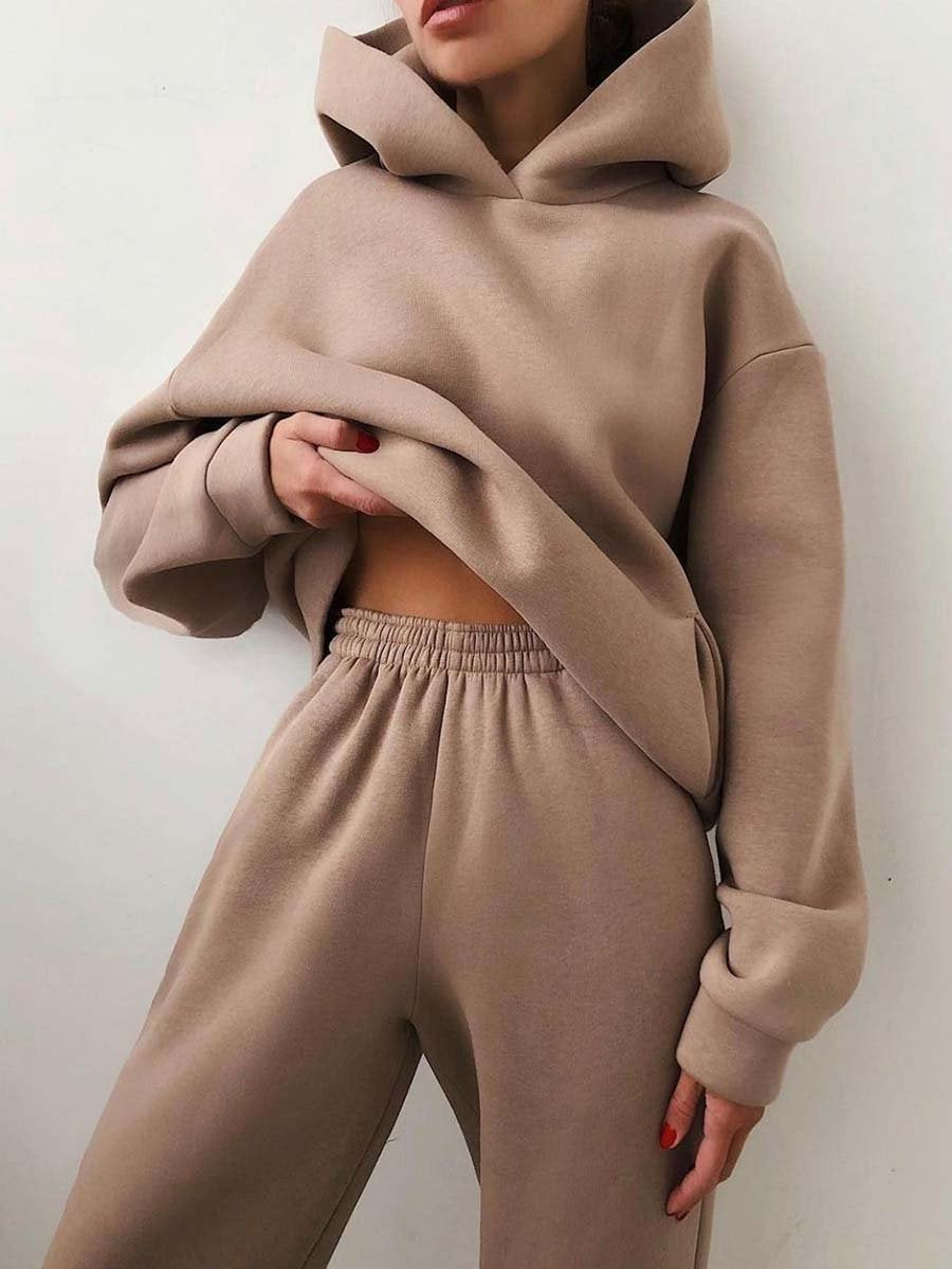 ชุดวอร์มเสื้อสเวตเตอร์ผ้าฟลีซสองชิ้น ชุดเสื้อฮู้ดกีฬาทรงโอเวอร์ไซส์