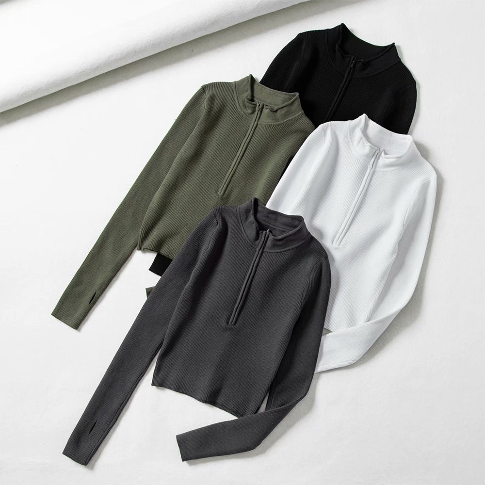 เสื้อสเวตเตอร์ไหมพรมคอสูงซิปหน้าสำหรับผู้หญิง สีพื้น สไตล์มินิมอล ทรงสั้น สวมหัว