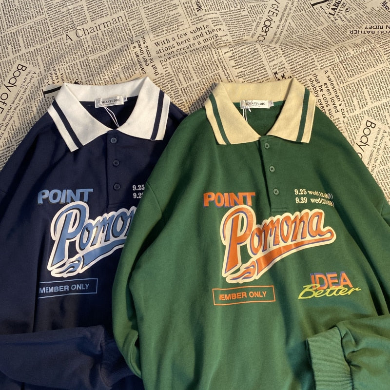 เสื้อสเวตเตอร์คอโปโลทรงโอเวอร์ไซส์สกรีนลายตัวอักษร แขนยาว ทรงหลวม กระดุมหน้า