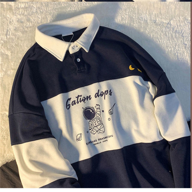 เสื้อสเวตเตอร์คอโปโลทรงโอเวอร์ไซส์สกรีนลายตัวอักษร แขนยาว ทรงหลวม กระดุมหน้า