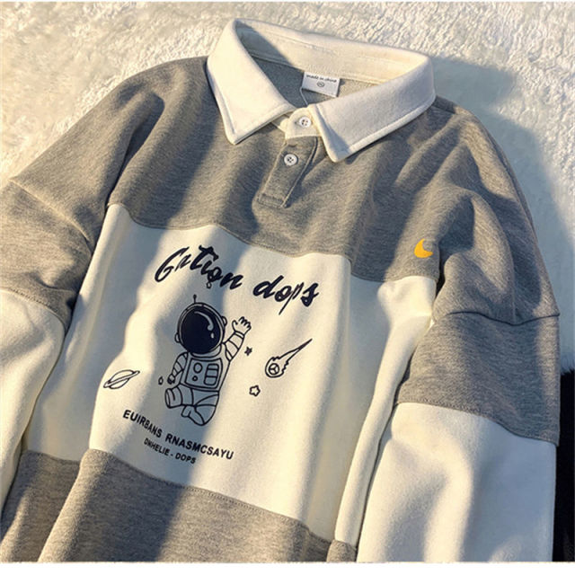 เสื้อสเวตเตอร์คอโปโลทรงโอเวอร์ไซส์สกรีนลายตัวอักษร แขนยาว ทรงหลวม กระดุมหน้า