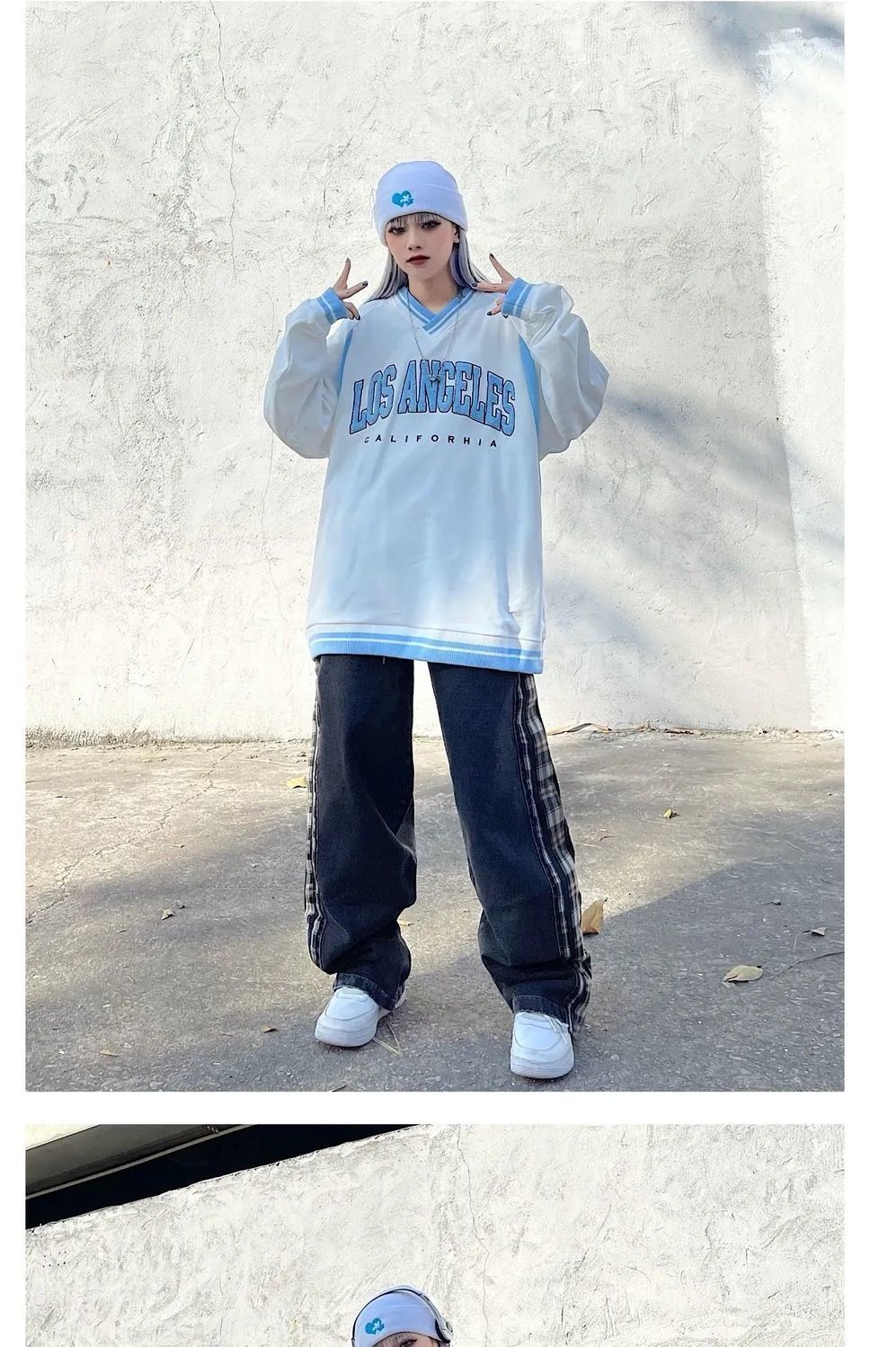เสื้อสเวตเตอร์ปักลาย LOS ANGELES CALIFORNIA ทรงโอเวอร์ไซส์ คอวี แบบสวม
