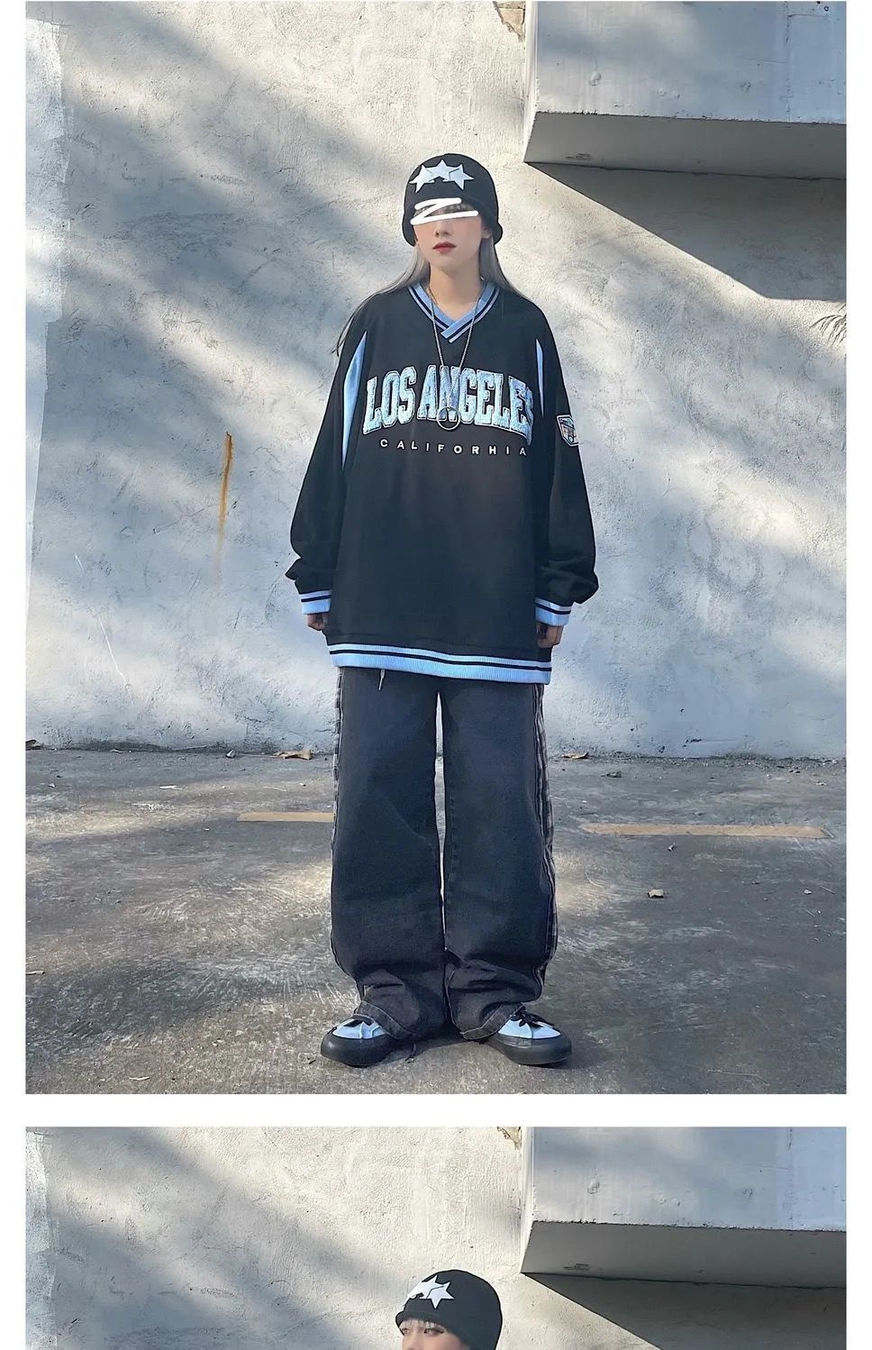 เสื้อสเวตเตอร์ปักลาย LOS ANGELES CALIFORNIA ทรงโอเวอร์ไซส์ คอวี แบบสวม